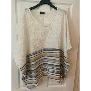 Bar Cream, Tan & Black Short Sleeve V Neck Bottom Striped Top M/L